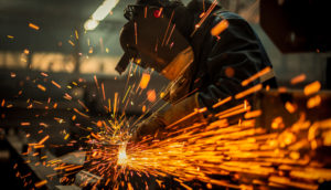 Produção industrial em fábrica com homem cortando metal