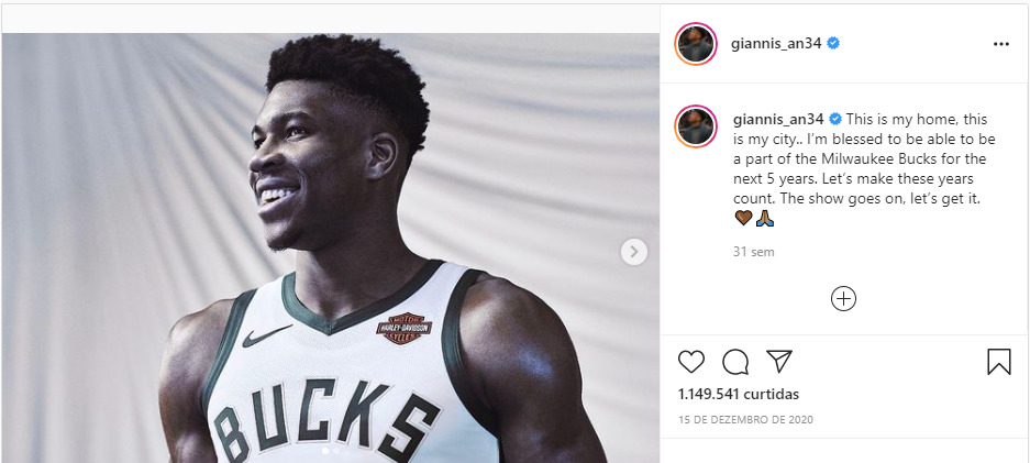 Postagem de Giannis Antetokounmpo, após renovar contrato com o Milwaukee Bucks | Foto: Reprodução/Instagram