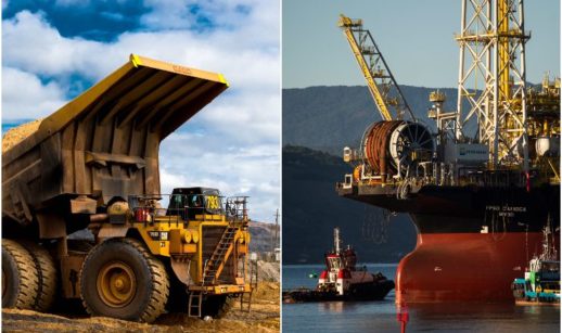 Montagem com caminhão de mineração à esquerda e plataforma de petróleo à direita, alusiva às ações de Petrobras e Vale