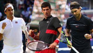 Novak Djokovic, Rafael Nadal e Roger Federer celebrando ponto durante jogos de tênis