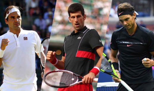 Novak Djokovic, Rafael Nadal e Roger Federer celebrando ponto durante jogos de tênis