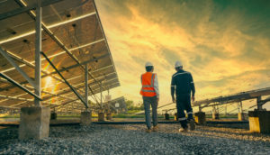 Foto de baixo para cima de funcionários caminhando em campo de energia solar com pôr do sol, alusivo ao fim do uso de combustíveis fósseis por parte dos EUA no setor de energia