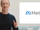 Mark Zuckerberg, à esquerda, com suéter de manga longa preta, com os braços abertos e logo da Meta, nome da nova empresa que controla o Facebook