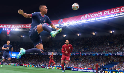 Imagem de jogo FIFA 22, do atleta Mbappé dominando a bola