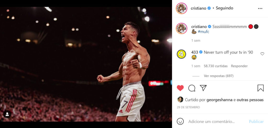 Cristiano Ronaldo engaja seus seguidores nas redes sociais com posts de partidas, treinos, família e do próprio corpo atlético | Foto: Reprodução/Instagram 