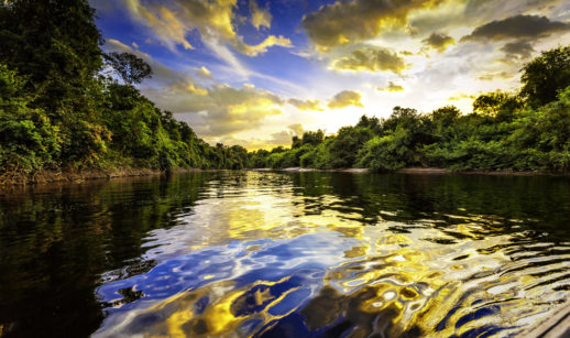 Perspectiva das águas do Rio Amazonas, com a mata margeando e o pôr do sol ao fundo, alusivo à intenção da Petrobras de operar no local