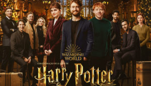 Pôster oficial de "Harry Potter 20 Anos: De Volta a Hogwarts", com o elenco reunido