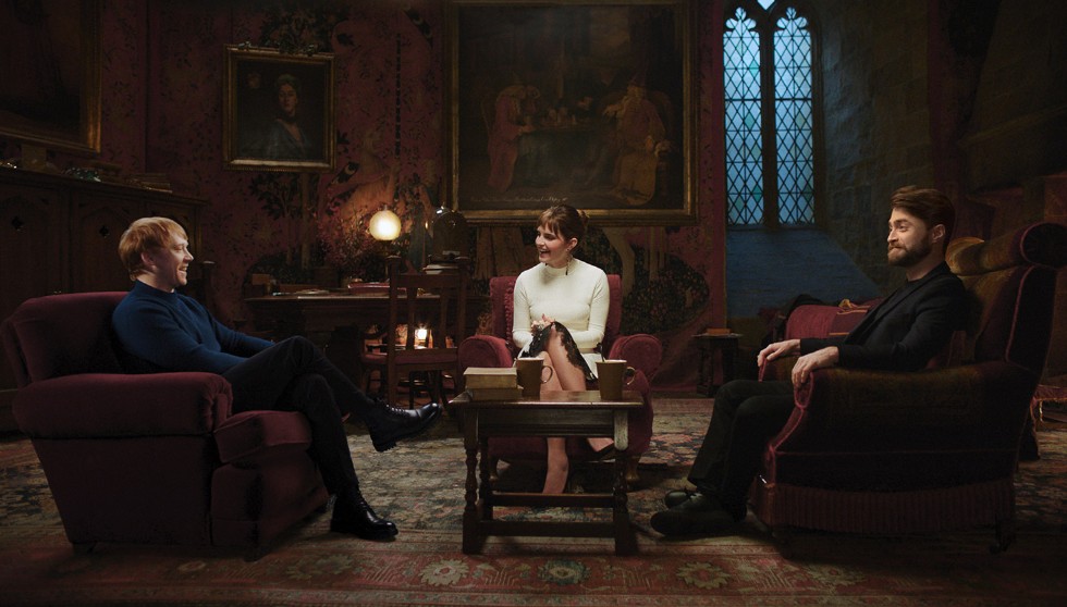 Da esquerda para a direita: Rony (Rupert Grint), Hermione (Emma Watson) e Harry Potter (Daniel Radcliffe), trio principal de “Harry Potter 20 anos: De Volta a Hogwarts” | Foto: Divulgação/HBO Max