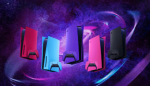 Foto promocional dos consoles de PlayStation 5 coloridos