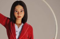 Satiko, avatar de Sabrina Sato no metaverso, de blazer vermelho e camisa branca