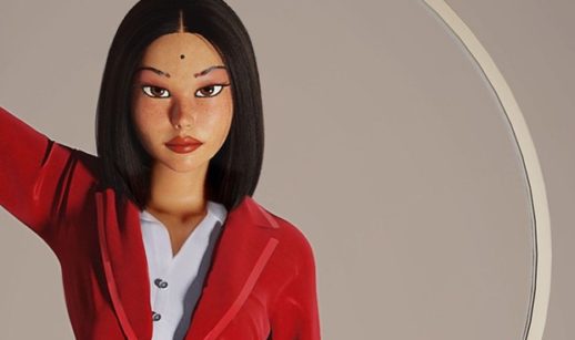 Satiko, avatar de Sabrina Sato no metaverso, de blazer vermelho e camisa branca