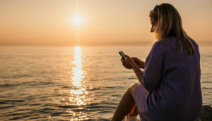 Mulher de costas sentada com celular em mãos e o mar com pôr do sol ao fundo, alusivo aos investimentos para janeiro