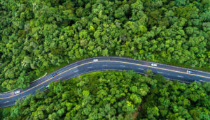 Aérea de rodovia com carros pequenos e floresta no entorno, alusivo à Ecorodovias, uma das empresas responsáveis da Carteira ESG de abril