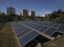 Painéis de energia solar no Brasil enfileirados em gramado com prédios iluminados ao fundo