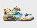 Tênis da Nike em NFT com detalhes dourados e verde claro, com asas no estilo de Aquiles
