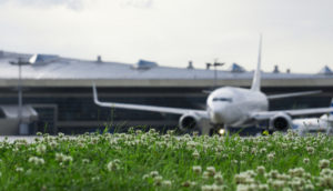 Avião desfocado ao fundo com flores em primeiro plano em aeroporto, alusivo ao novo combustível da Vibra Energia