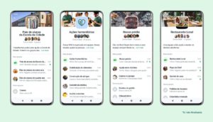 Quatro telas de celulares com telas abertas no recurso Comunidades, do WhatsApp