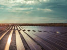 Painéis de energia solar enfileirados em campo no Brasil, com sol batendo neles