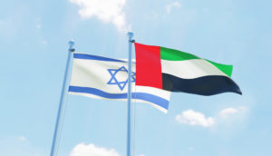 Bandeiras de Israel e Emirados Árabes Unidos se mexendo juntas com céu azul sobre elas