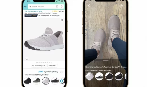 Telas de iPhones com o provador virtual de sapatos da Amazon ligado
