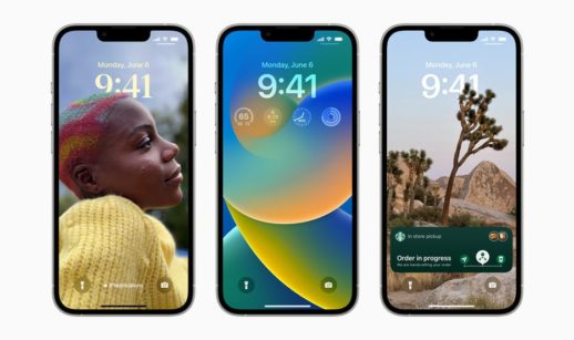 Três iPhones com as telas de início novas do iOS 16, da Apple