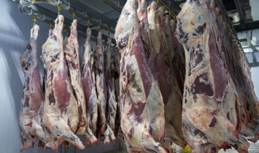 Carne pendurada em frigorífico, alusivo à suspensão imposta pela China sobre o produto da Marfrig