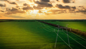 Paisagem de sol ao horizonte com linhas de transmissão de energia elétrica em meio a plantações, alusivo ao leilão de transmissão