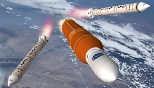 Foguete da missão Artemis 1, da Nasa, saindo da Terra