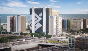 Prédio do Banco do Brasil, cuja ação BBAS3 teve preço-alvo atualizado, em Brasília, com destaque para o logo do edifício na cor branca