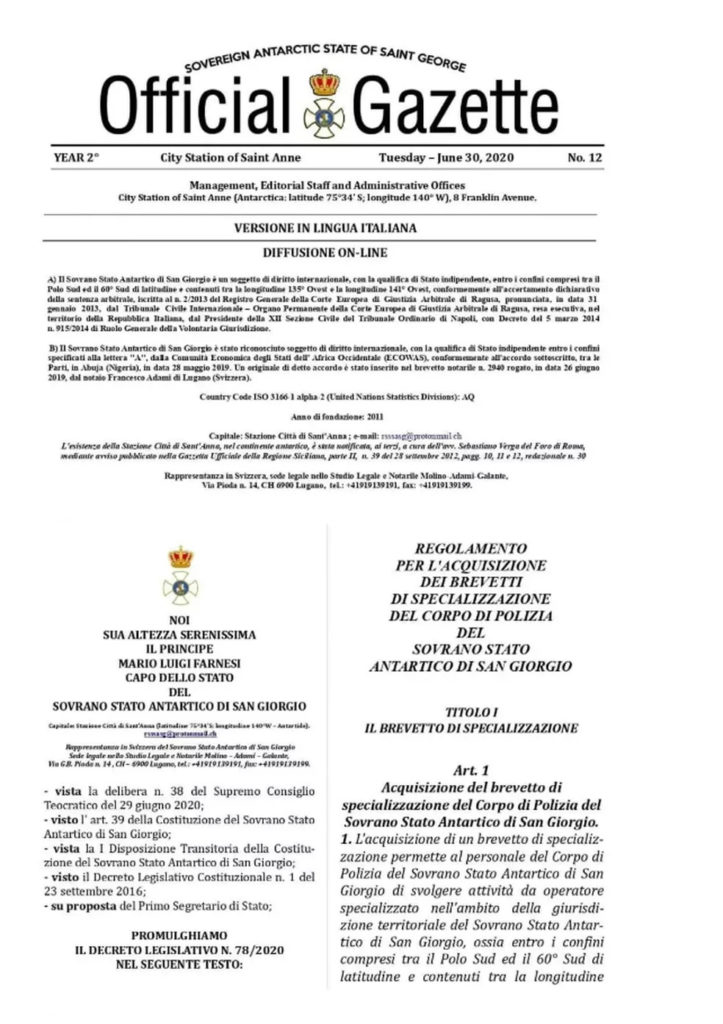 Recorte do Diário Oficial inventado para o Estado Teocrático Antártico de San Giorgio | Foto: Reprodução