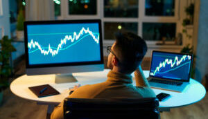 Investidor analisa gráfico financeiro em tela de computador
